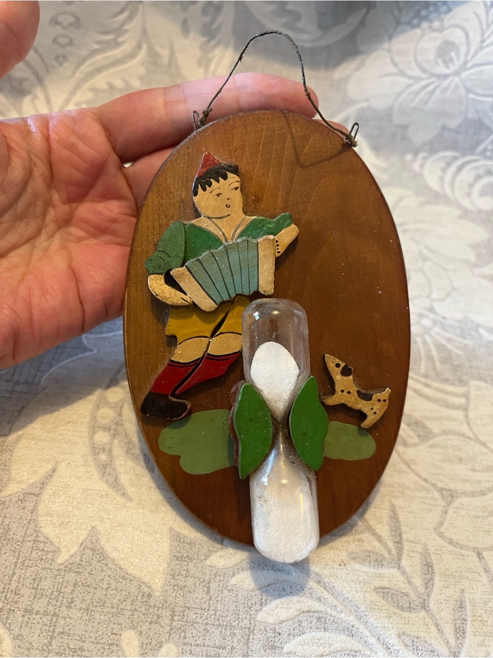Vintage Wood Plaque with Accordion Player and Sand Timer made in Japan